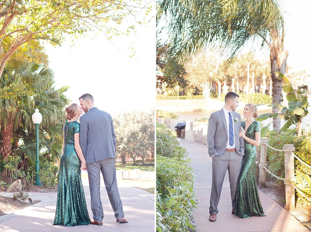 Bride in emerald sequin gown with groom, tropical garden wedding setting