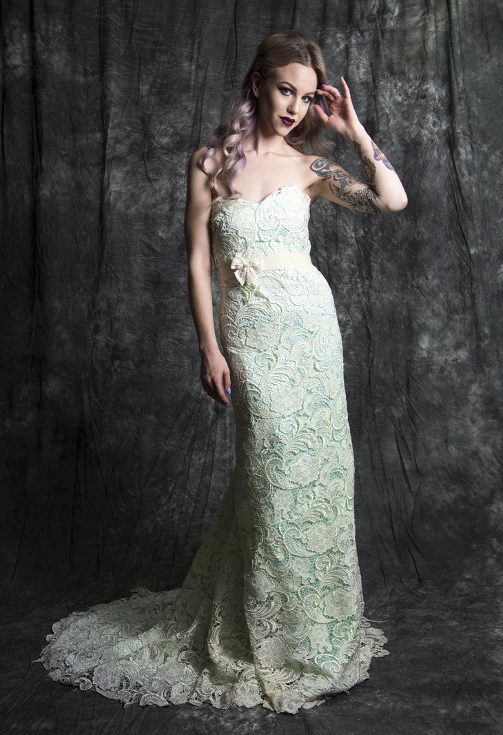 11413b Miranda Guipure Venice lace mermaid fit and flare strapless wed Renegade Bridal & Dye Lab 11413b Miranda Guipure Venice lace mermaid fit and flare strapless wed Renegade Bridal & Dye Lab