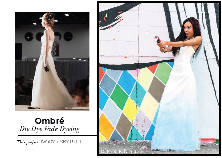 Ombre wedding dress in ivory to sky blue, custom dyed with fade effect, showcased on runway and street art backdrop