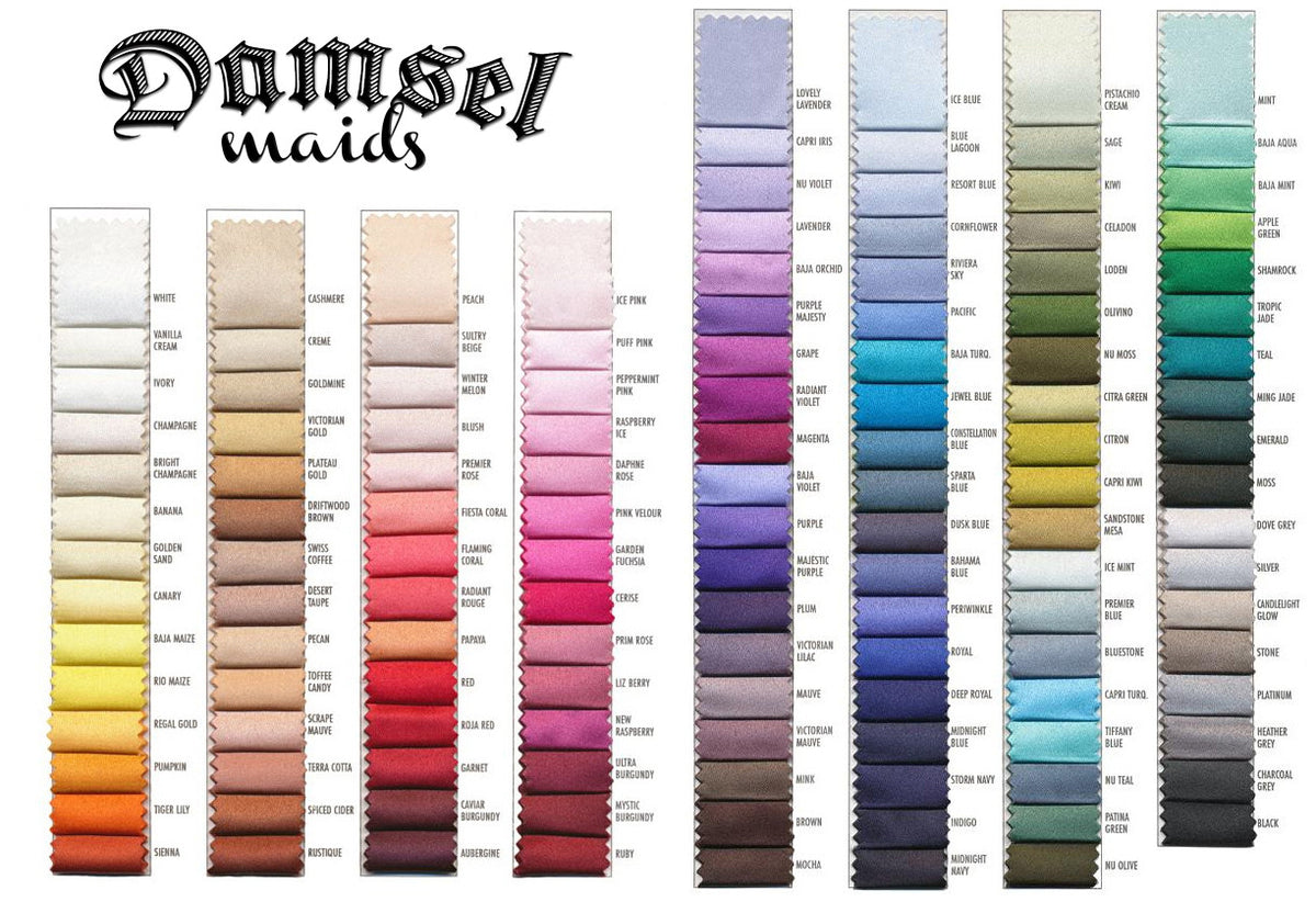 Damselfly Maids fabric swatch chart with diverse color options for custom bridal designs