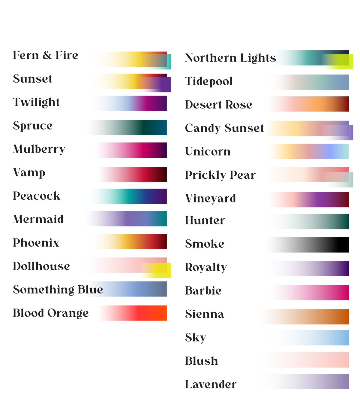 Custom wedding dress dye color palette with ombre and solid options like Fern & Fire, Twilight, and Lavender