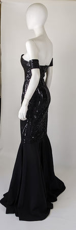 SAMPLE Destini sz 0/2 off-shoulder black sequin prom gala bridesmaid formal