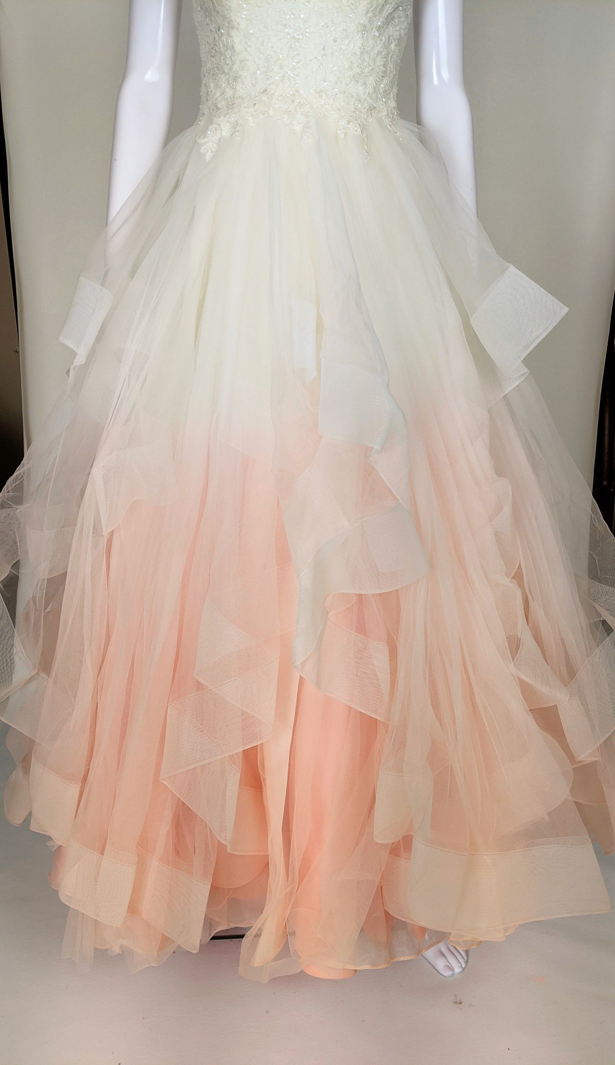 Ombre wedding dress with peach-to-ivory tulle skirt, beaded bodice, custom bridal gown