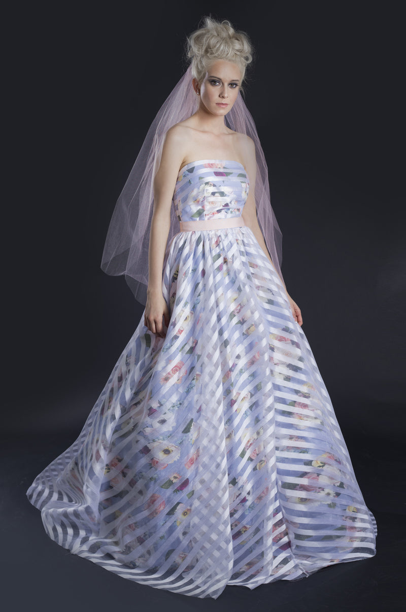 11703 Willa Floral Print Stripe Organza A-line Bridal Gala Gown dress
