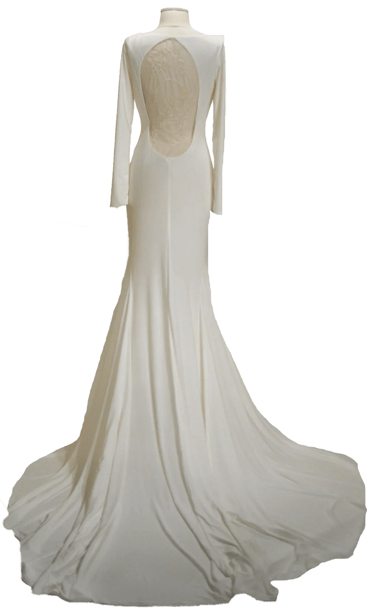 Elegant white wedding dress with long sleeves, open back, and flowing train for bridal celebrations.