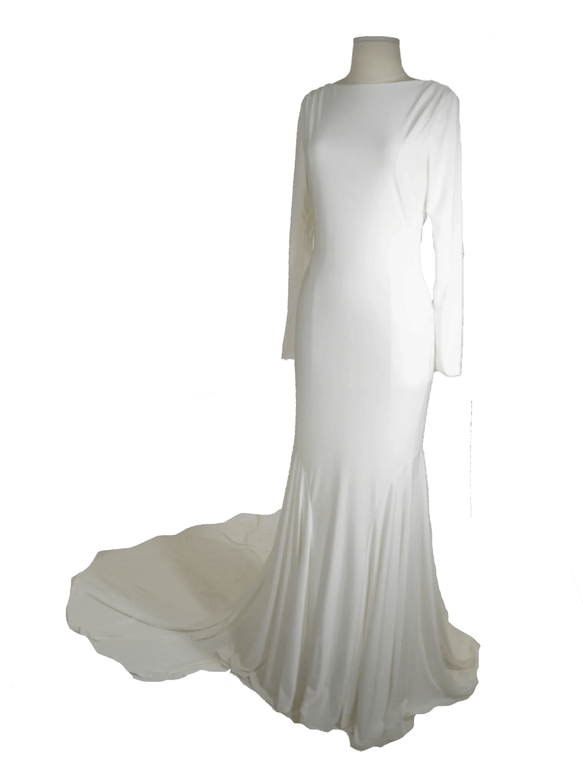 Elegant white wedding dress with long sleeves and flowing train, perfect for modern brides.