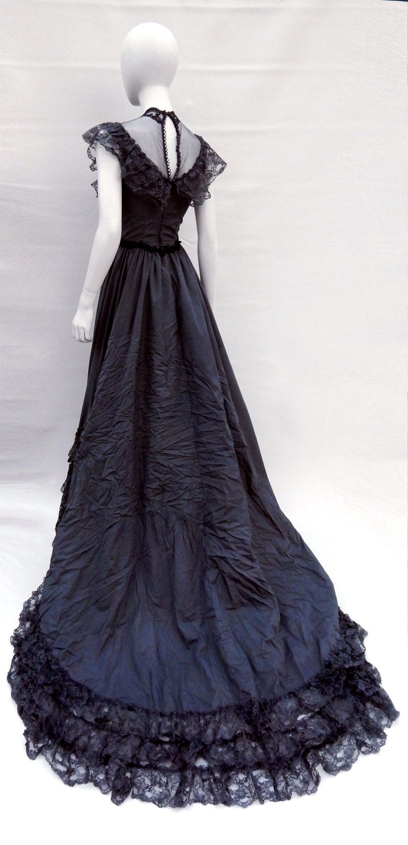 VINTAGE upcycled black wedding dress taffeta lace A-line sz0/2