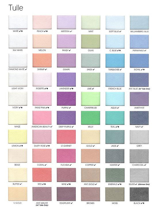 Tulle fabric color chart with diverse shades for custom wedding dress design
