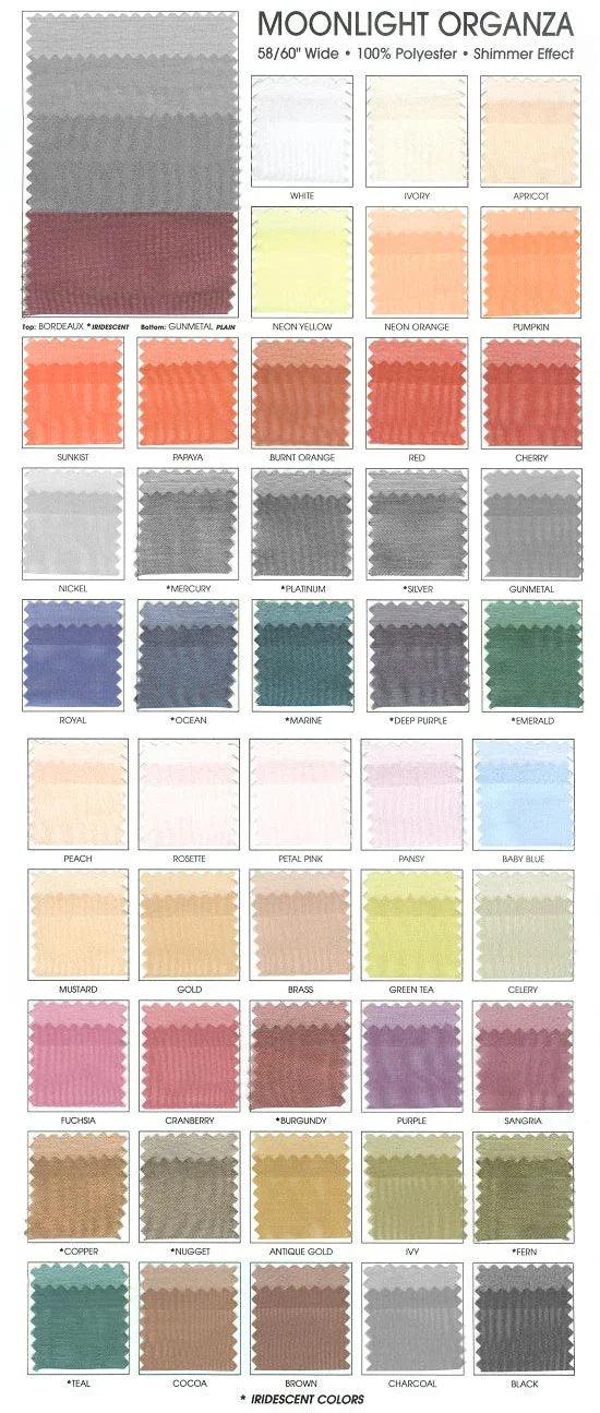 Moonlight Organza fabric swatches in vibrant iridescent colors for custom bridal dresses