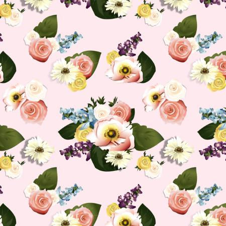 Floral pattern with pink roses, white daisies, and green leaves on soft pink background