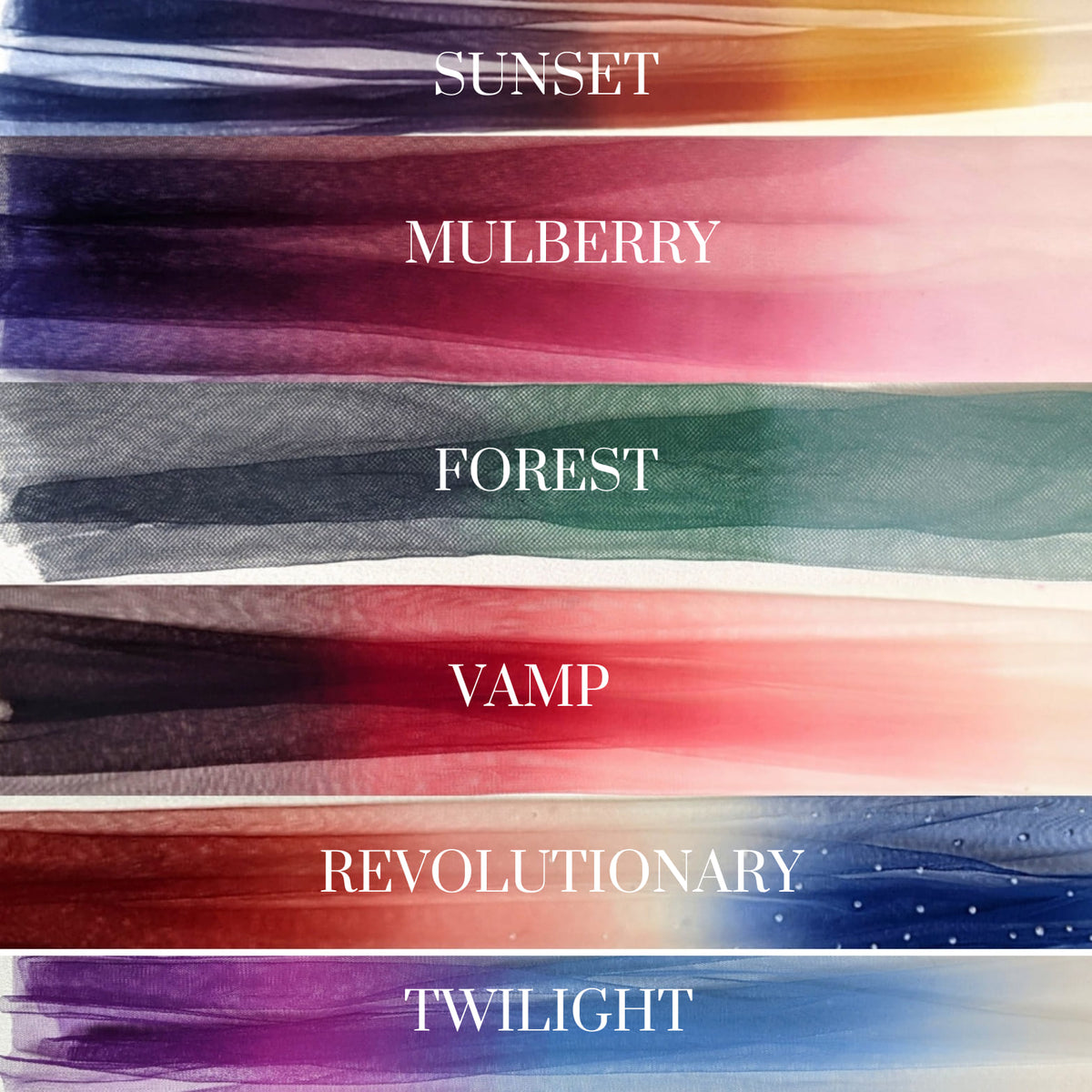 Custom wedding dress dye color swatches: Sunset, Mulberry, Forest, Vamp, Revolutionary, Twilight