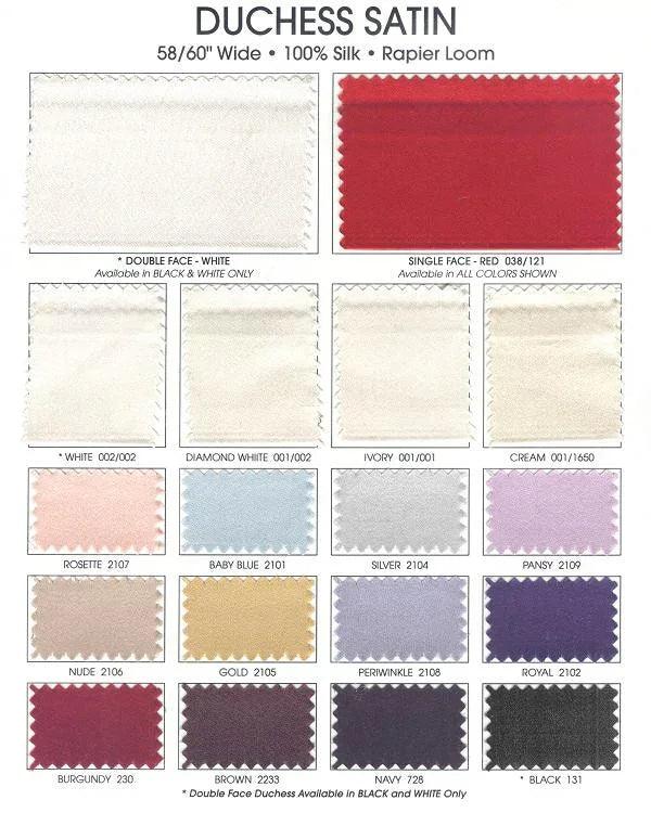 Duchess Satin fabric swatches in 100% silk, multiple colors including white, red, ivory, gold, navy, black for custom bridal gowns