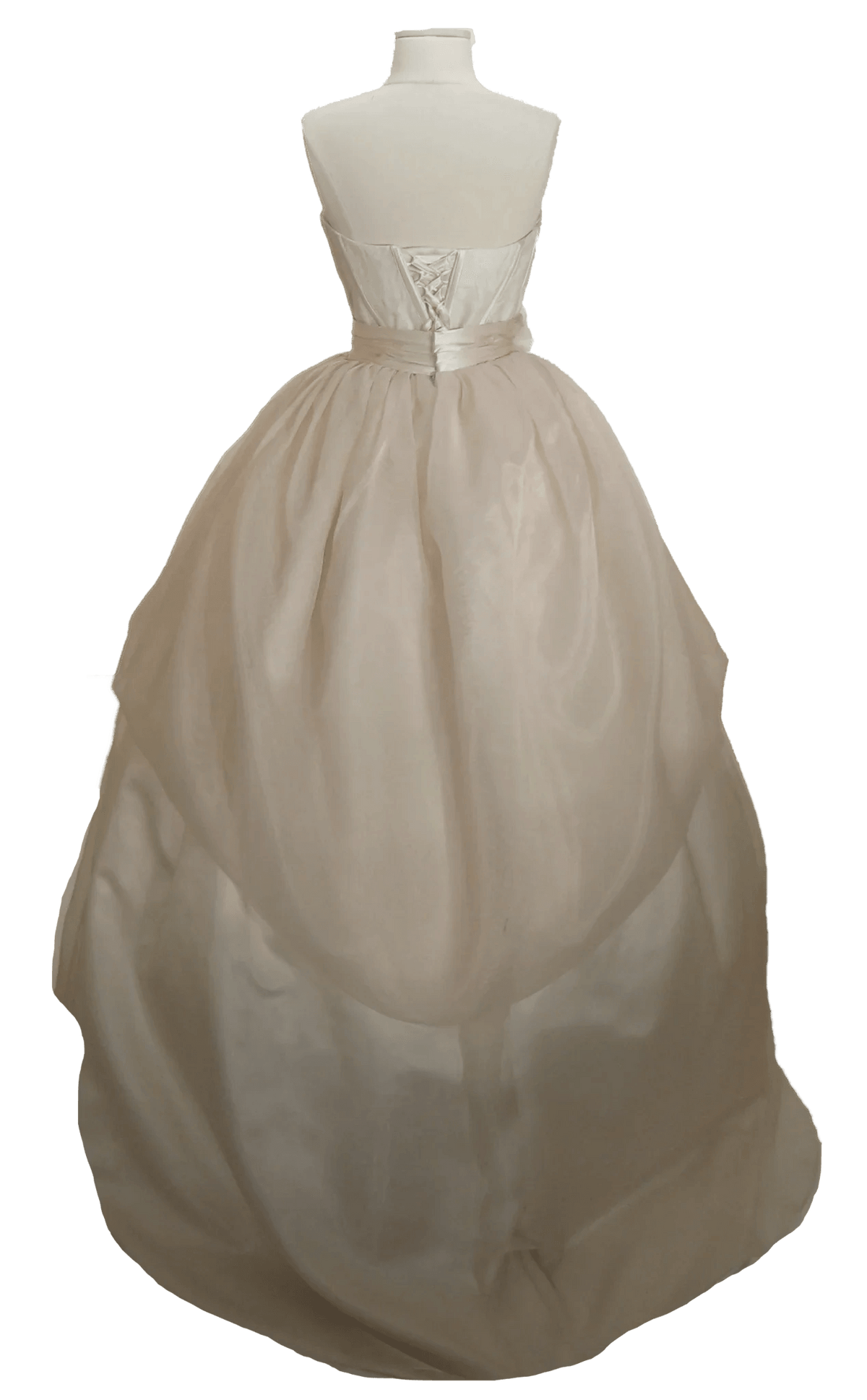 Elegant strapless wedding dress with corset back and flowing tulle skirt