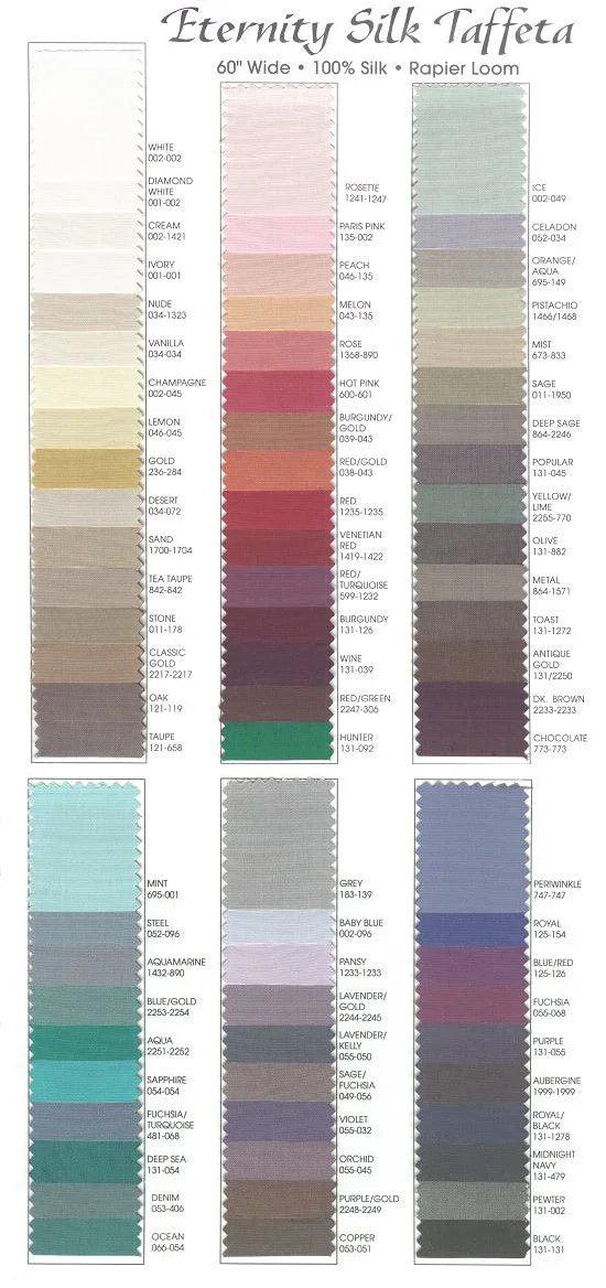 Eternity Silk Taffeta fabric swatches in diverse colors for custom wedding dresses and dyeing