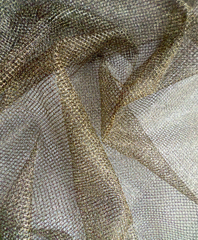 Luxury metallic mesh fabric with shimmering gold and silver tones, ideal for custom bridal gowns and dyeing.