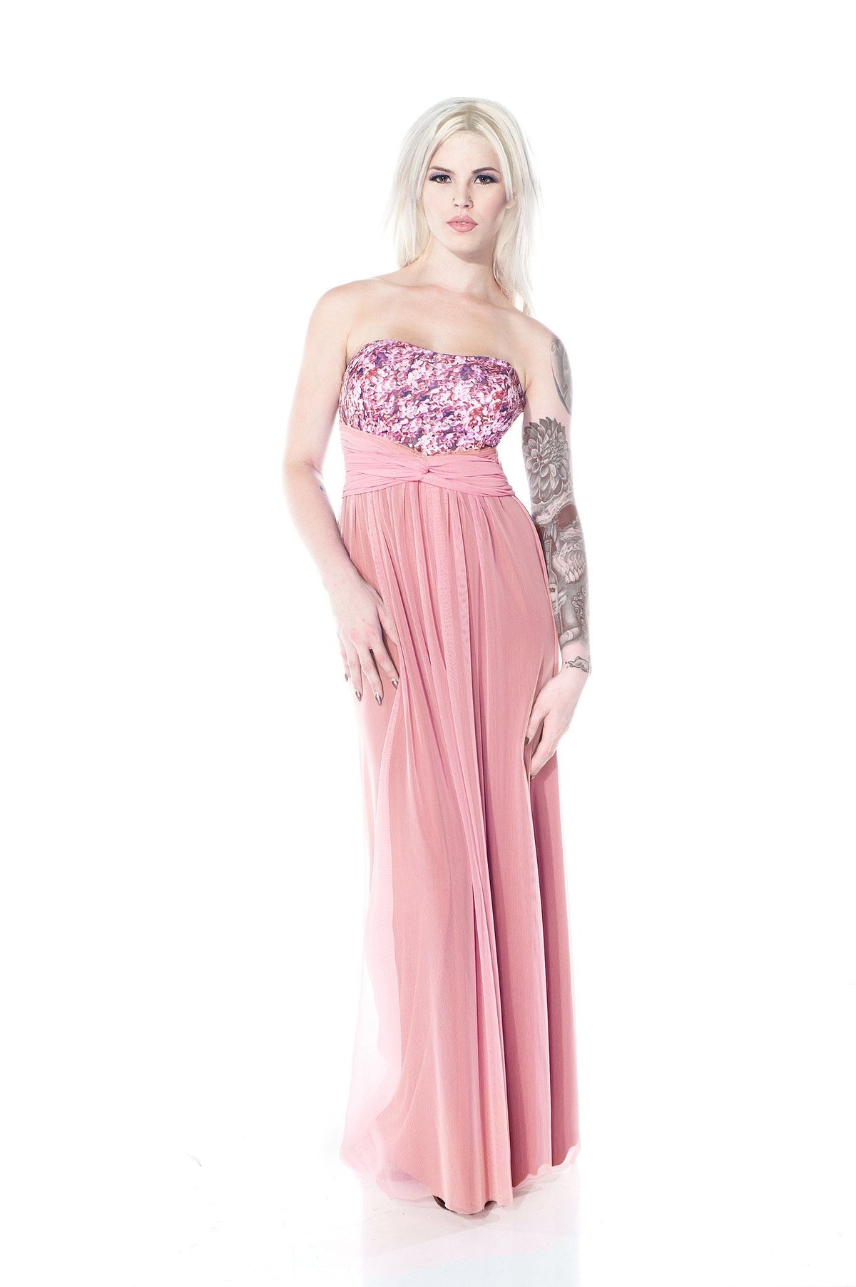 Strapless floral bodice pink wedding gown with flowing skirt for custom bridal looks