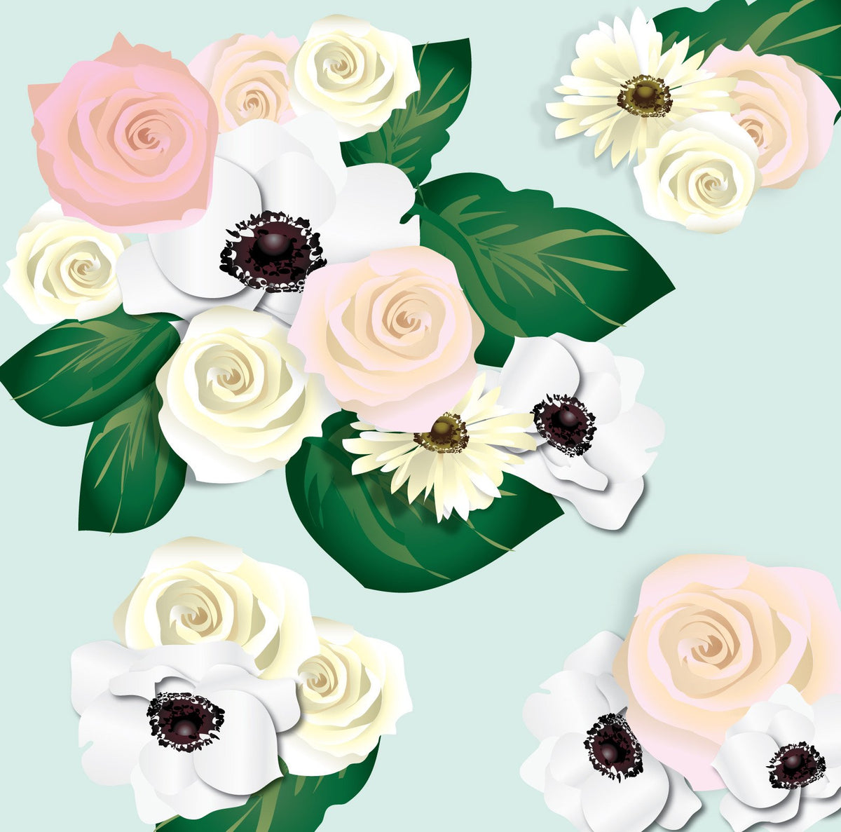 Elegant floral arrangement with roses, anemones, and daisies for wedding dress design inspiration