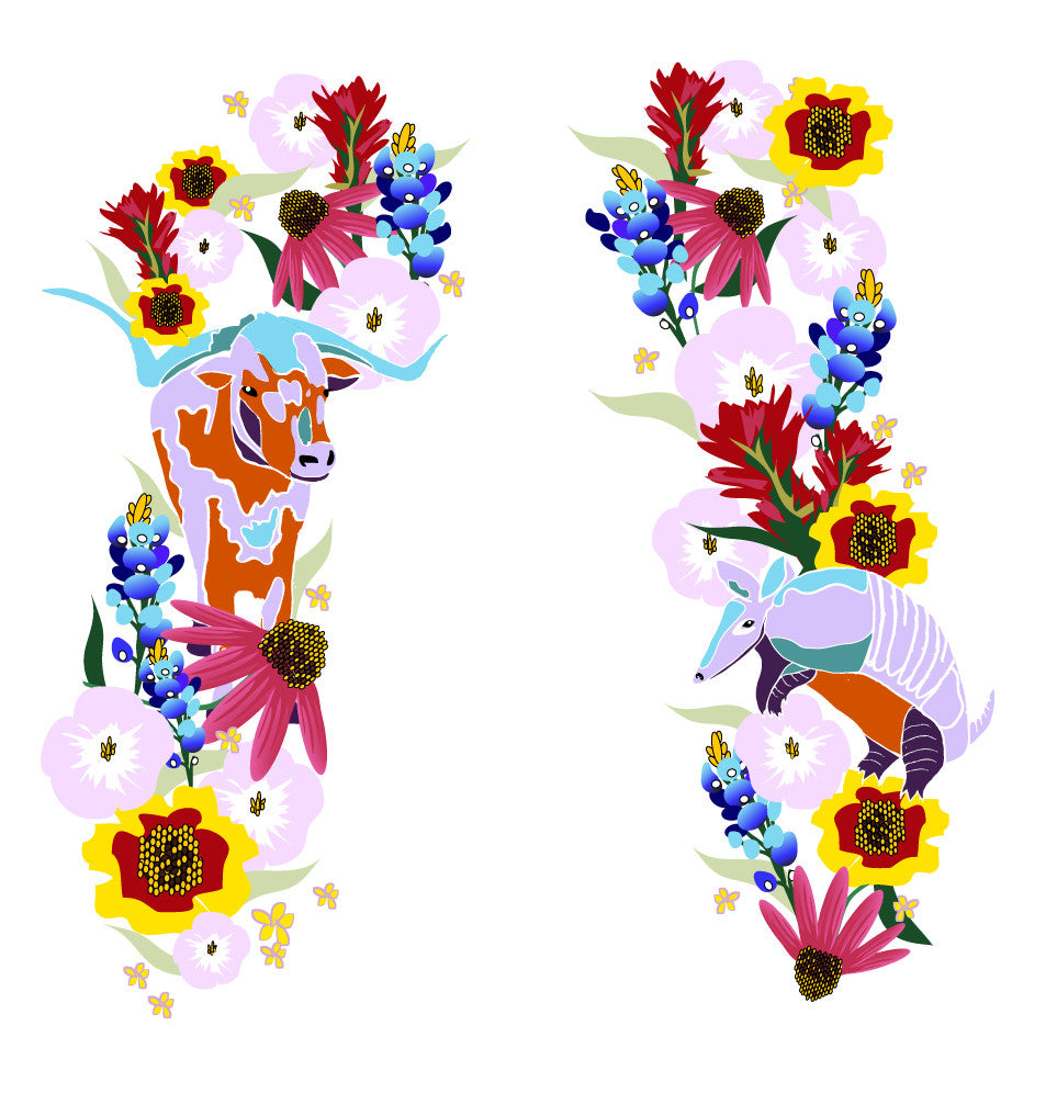 Colorful floral art with longhorn and armadillo, vibrant Texas wildflowers for wedding dress design