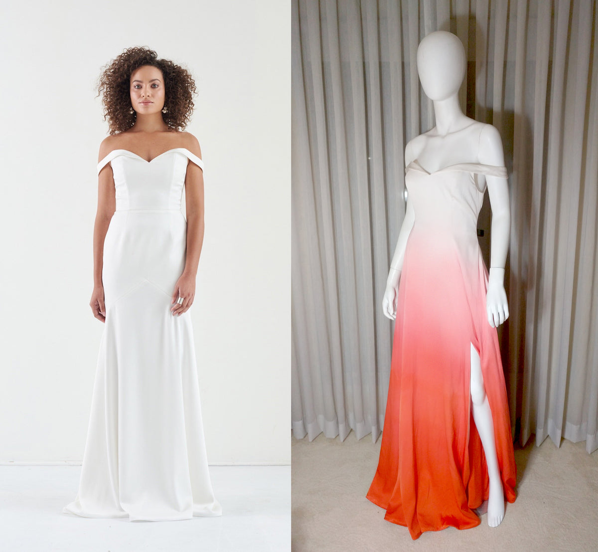 Off-shoulder wedding dress in white and ombre coral, showcasing custom bridal design and dyeing options.