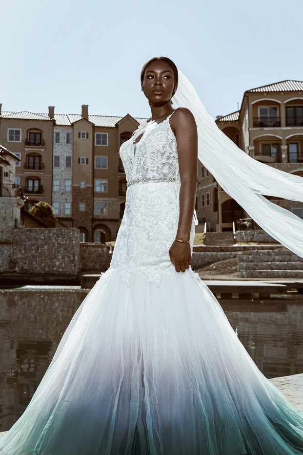 Custom ombre wedding dress with lace bodice and flowing veil, perfect for inclusive bridal celebrations.