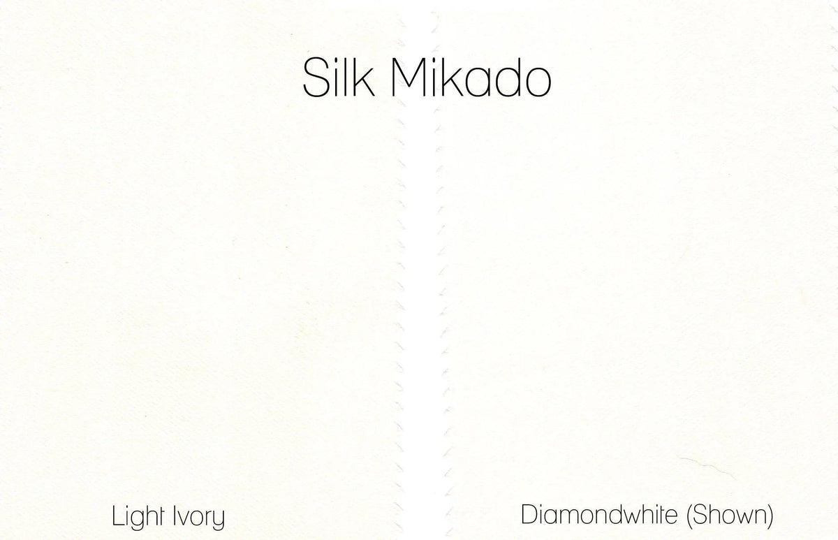 Silk Mikado fabric swatches in Light Ivory and Diamondwhite for custom bridal gowns