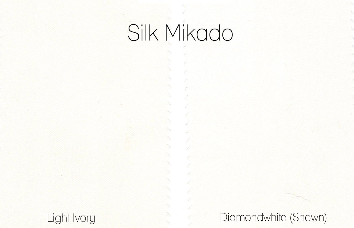Silk Mikado fabric swatches in Light Ivory and Diamondwhite for custom bridal gowns
