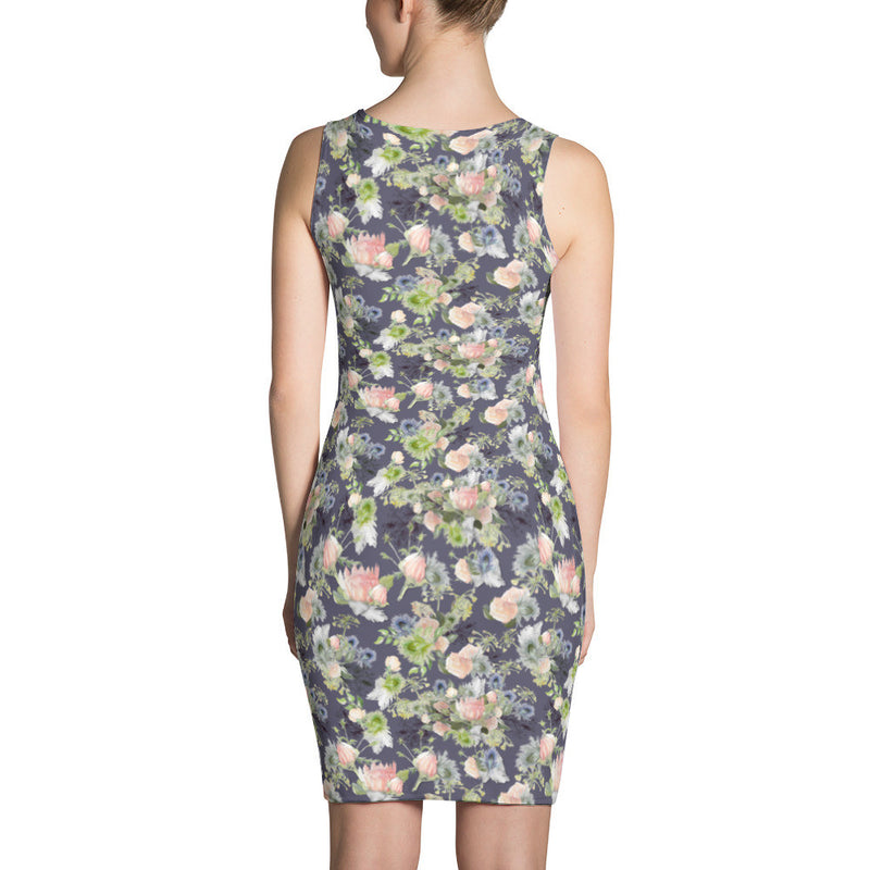 Bodycon Dress: "Maggie" watercolor floral, slate