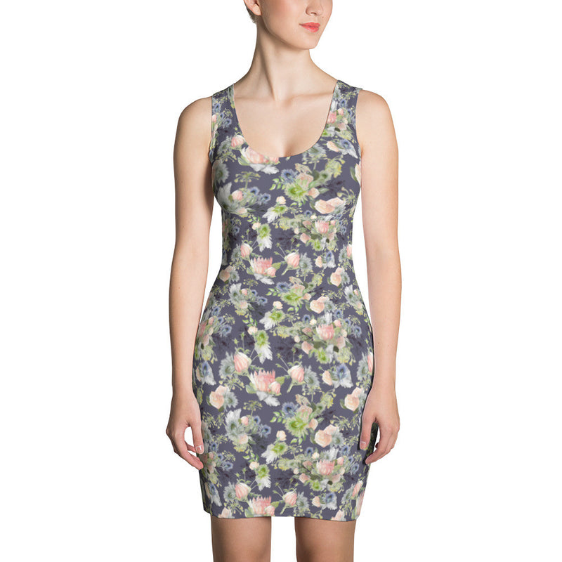 Bodycon Dress: "Maggie" watercolor floral, slate