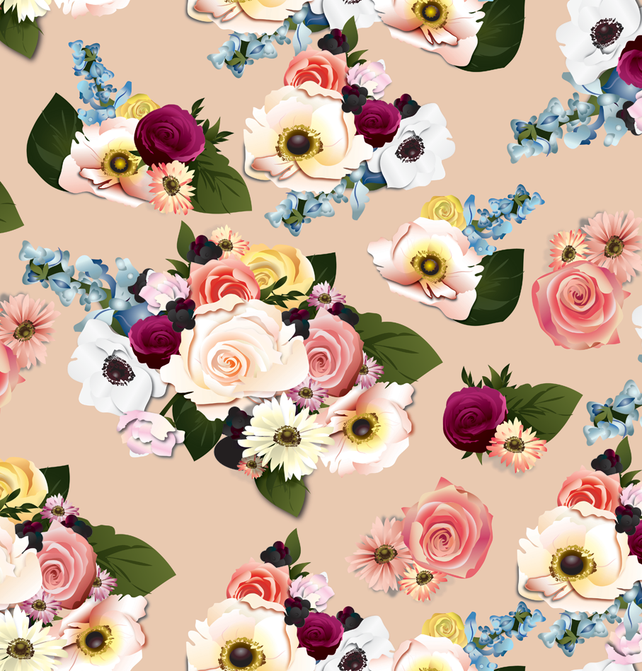 Romantic floral pattern with roses, anemones, and blue blossoms for custom wedding dress designs