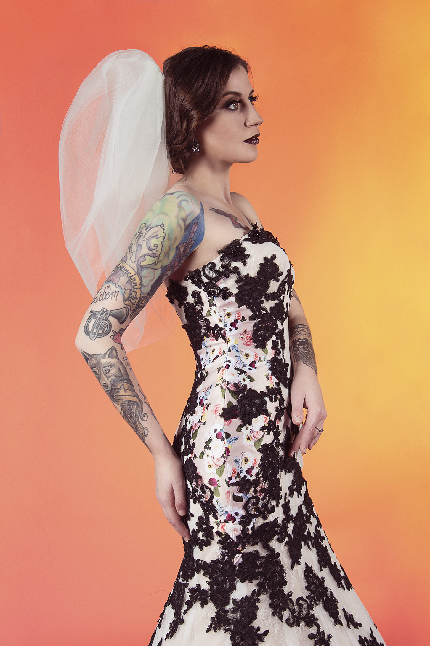 11803 Odessa: Black Champagne Lace mermaid with floral print