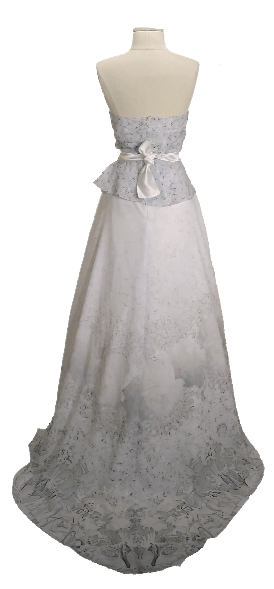 Custom strapless wedding dress with ombre floral lace, satin bow waist, and flowing A-line skirt