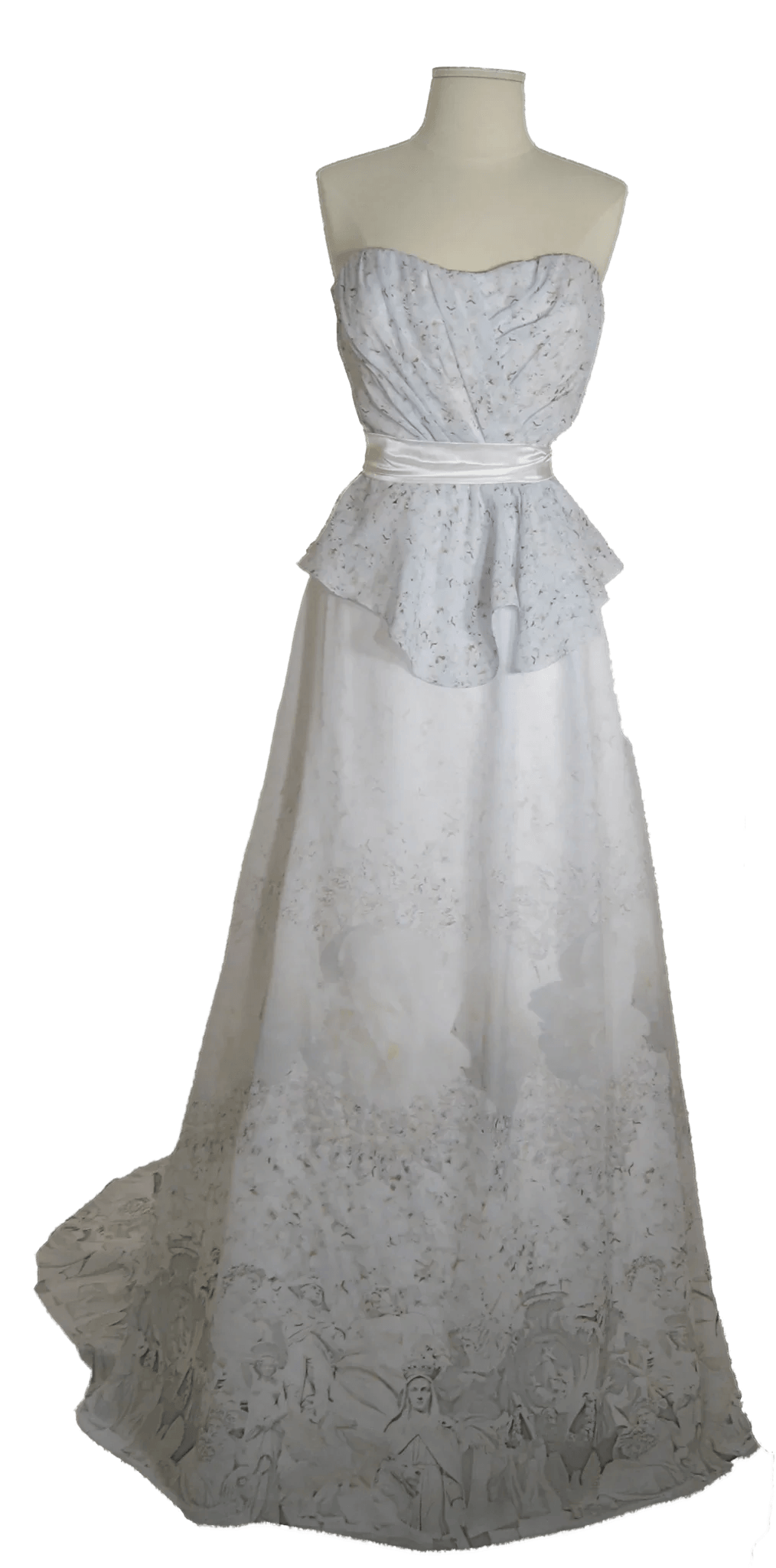 Elegant strapless wedding gown with floral print, peplum waist, and illustrated hem, perfect for custom bridal design.