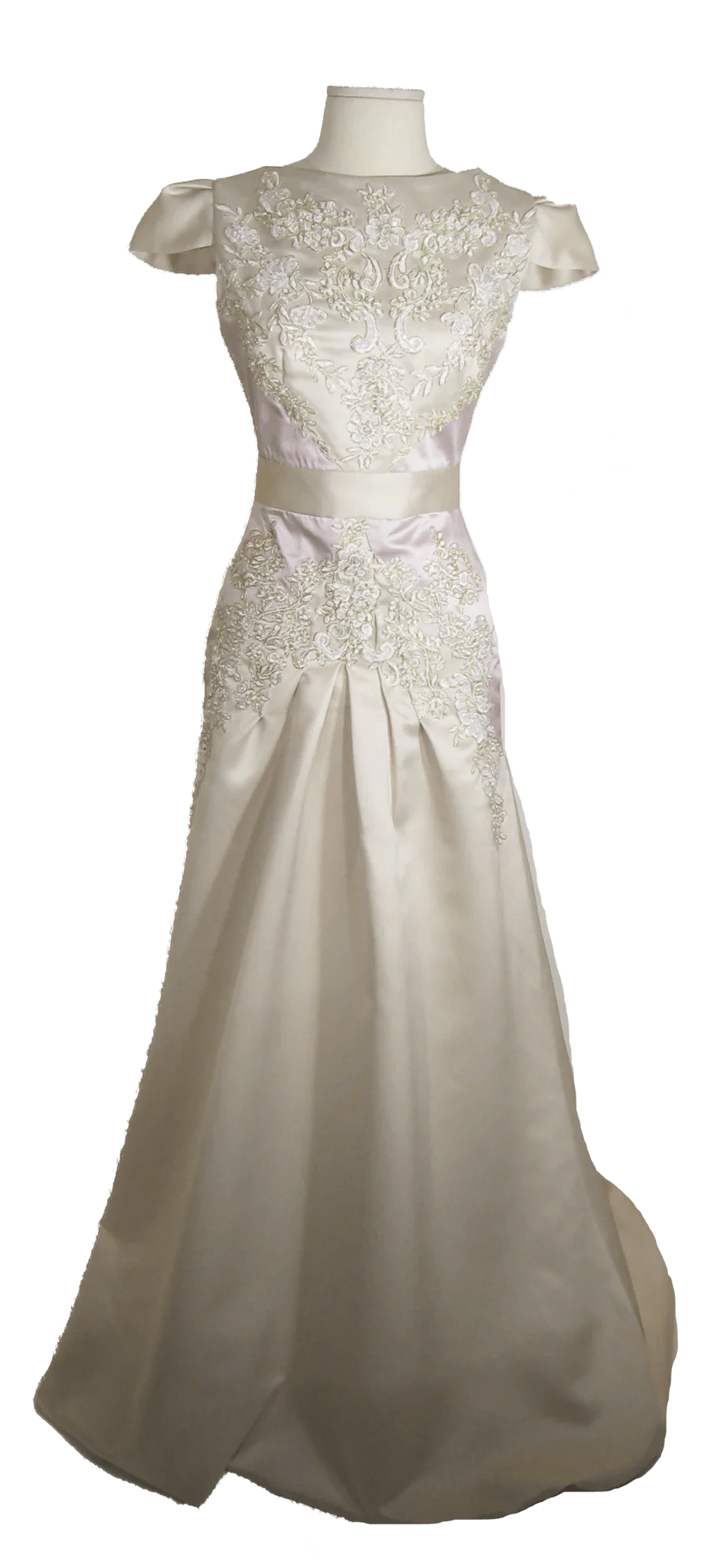 Elegant ivory wedding dress with floral lace detailing and soft satin skirt
