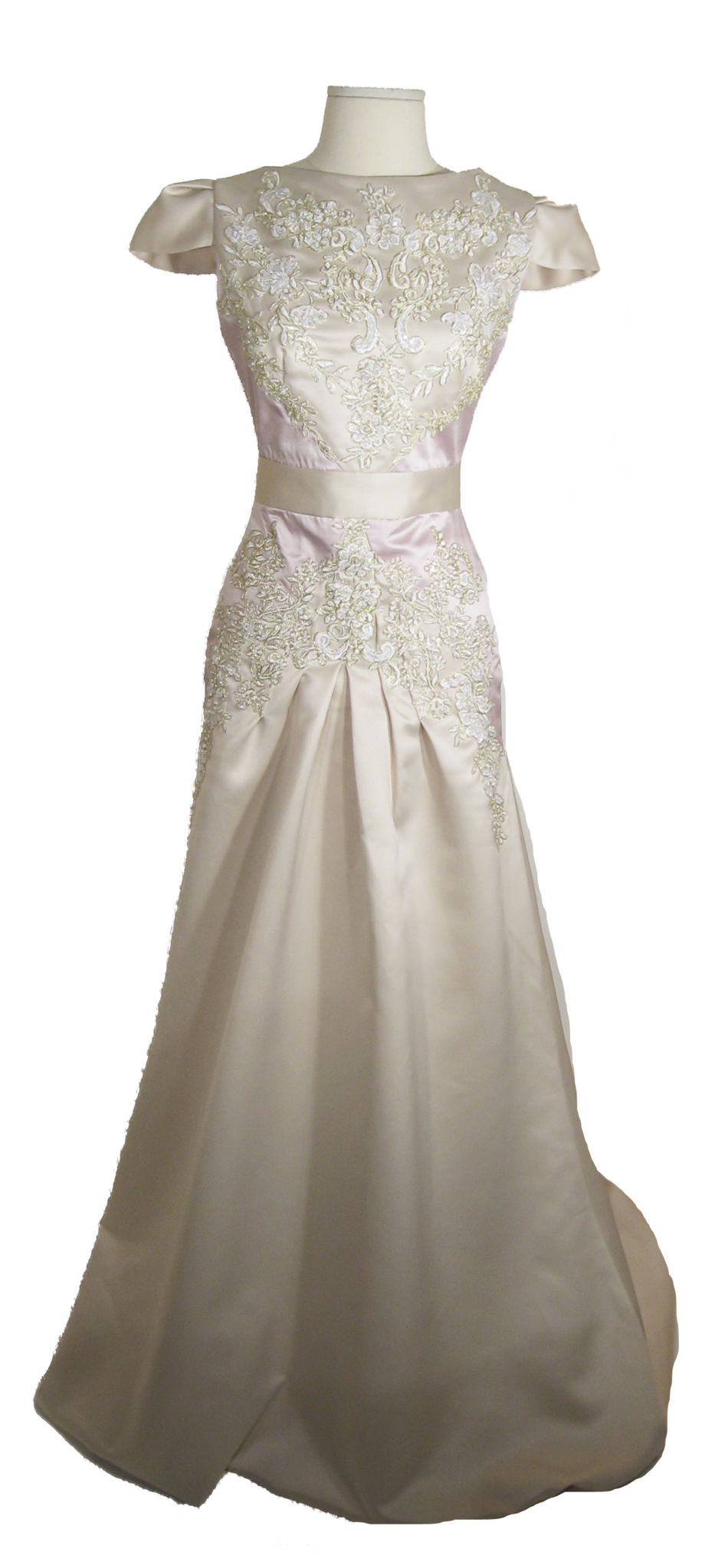 Elegant ivory wedding dress with floral lace detailing and soft satin skirt