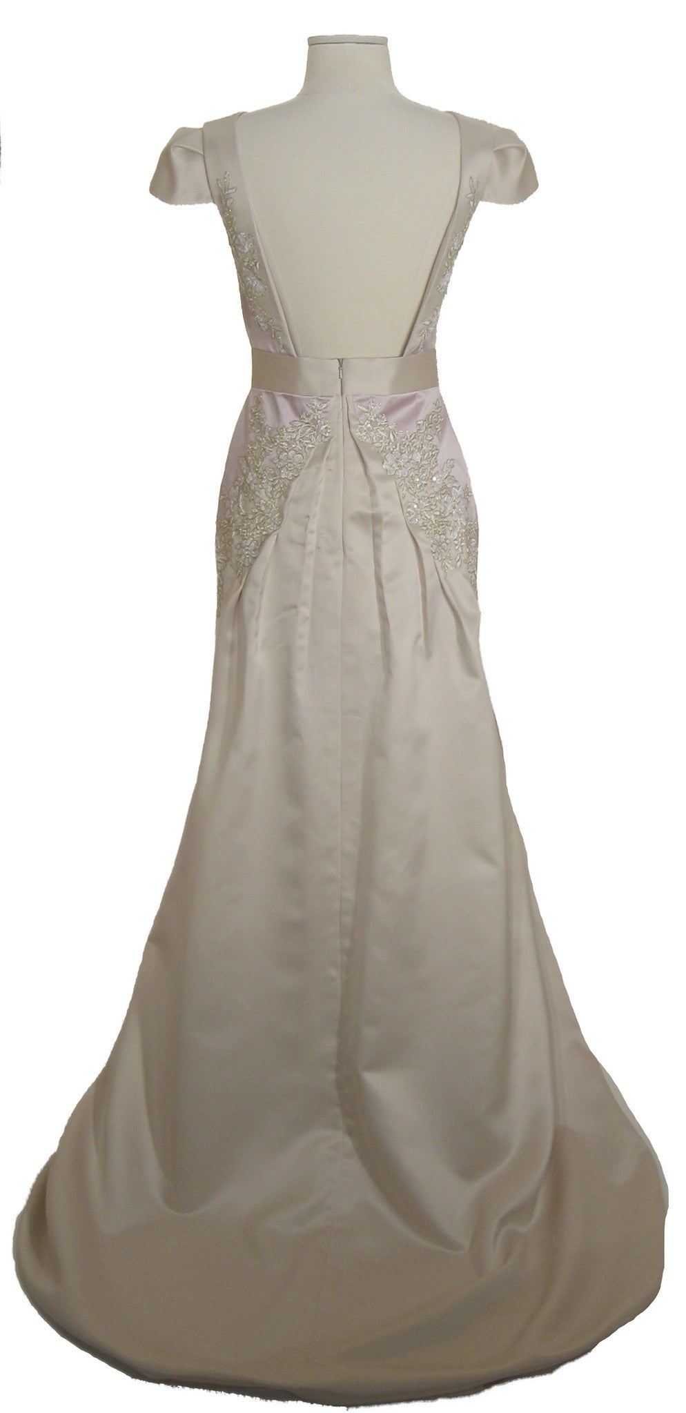 Elegant off-shoulder wedding gown with lace detailing and satin finish for custom bridal designs