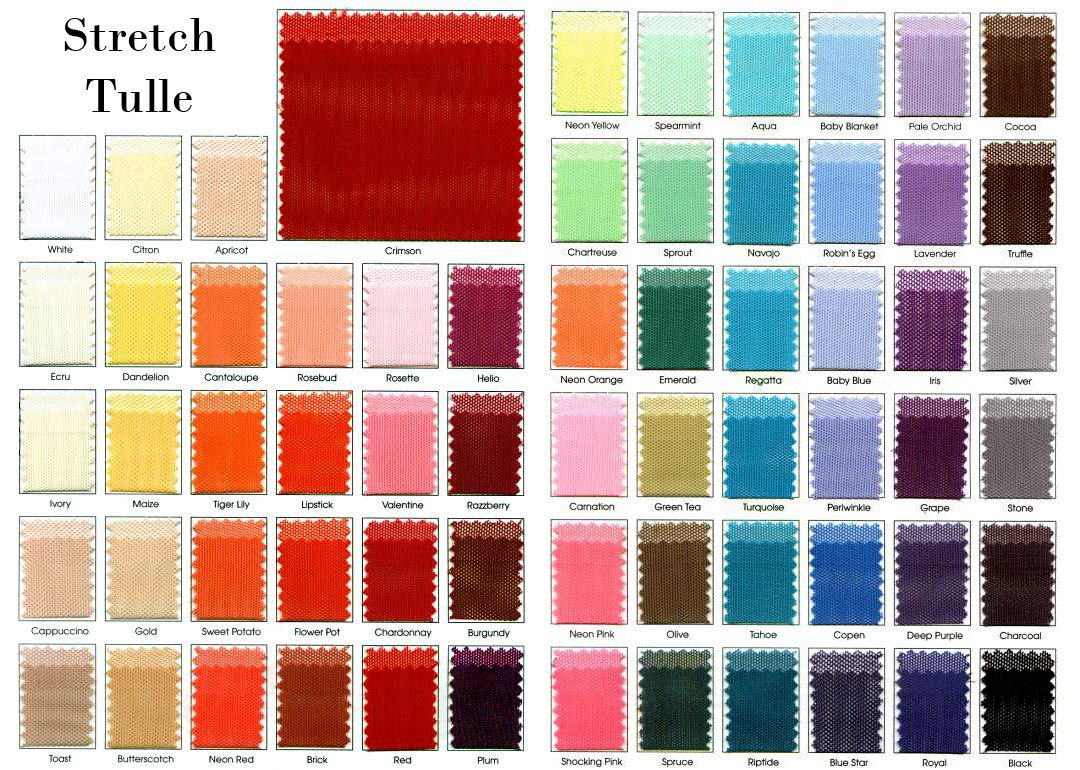 Stretch tulle fabric swatches in vibrant colors for custom wedding dresses and dyeing