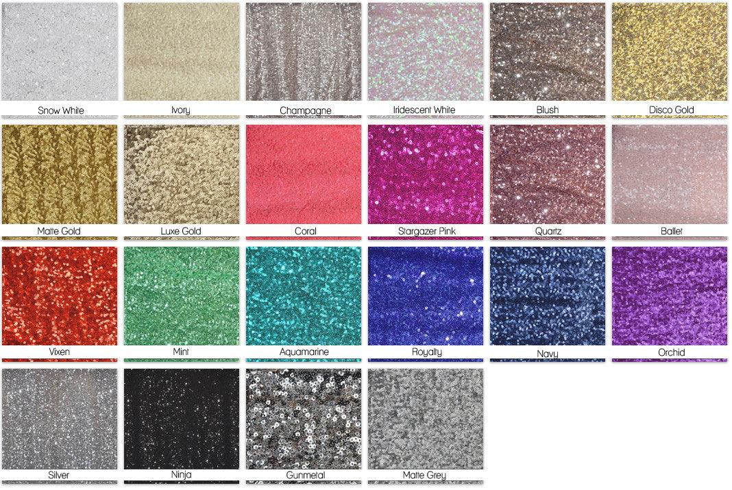 Glitter fabric swatches in various colors for custom wedding dress design and dyeing options.
