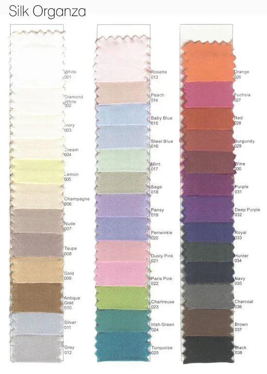 Silk organza fabric swatches in 38 colors for custom wedding dresses, bridal dyeing, and ombre designs
