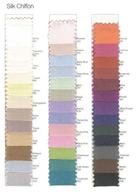 Silk chiffon fabric swatches in diverse colors for custom wedding dress design and dyeing