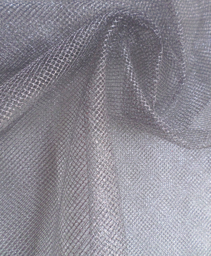 Shimmering silver mesh fabric for custom bridal gowns and dyeing