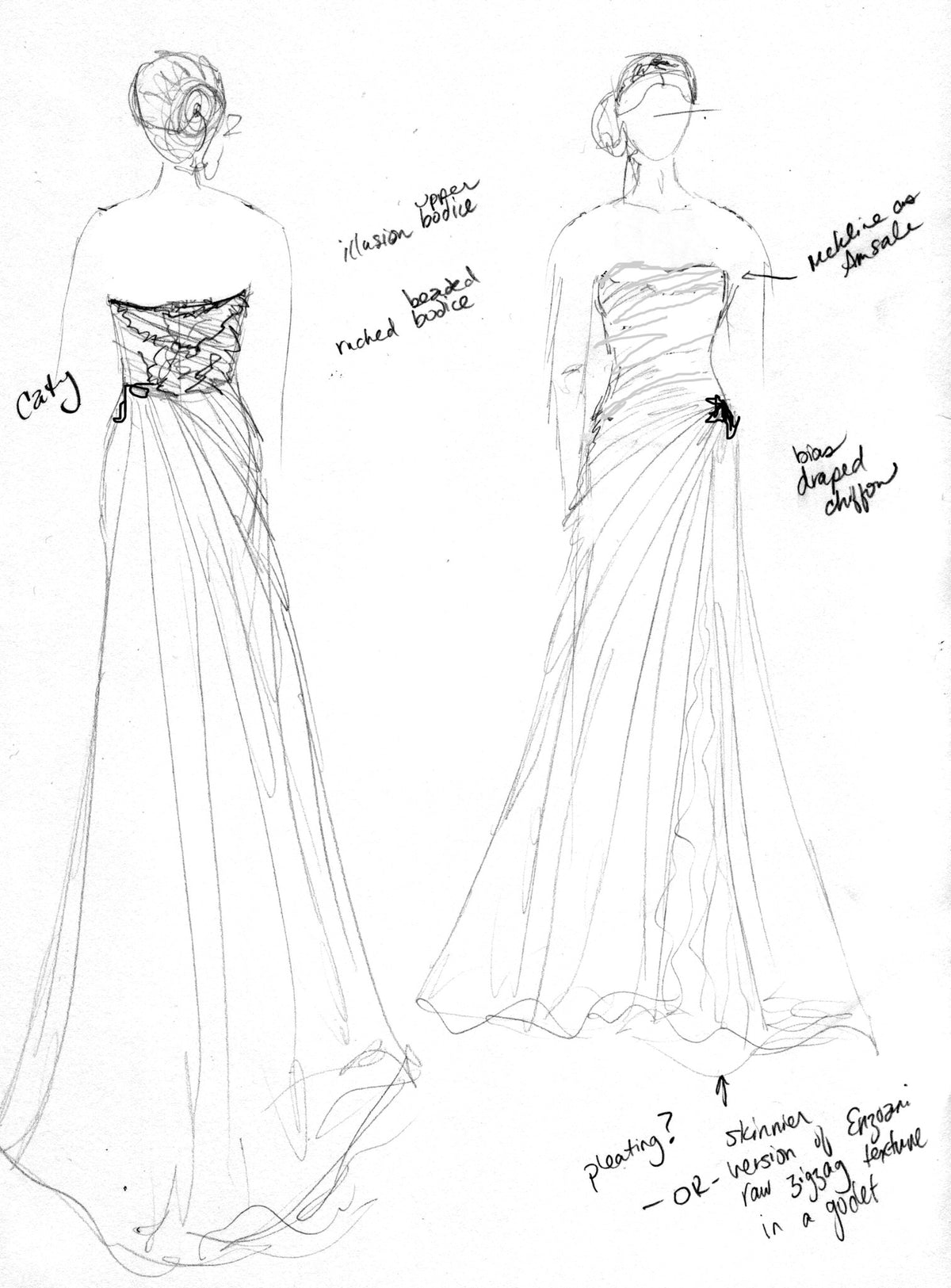 Custom wedding dress sketches featuring beaded bodice and bias-draped chiffon designs