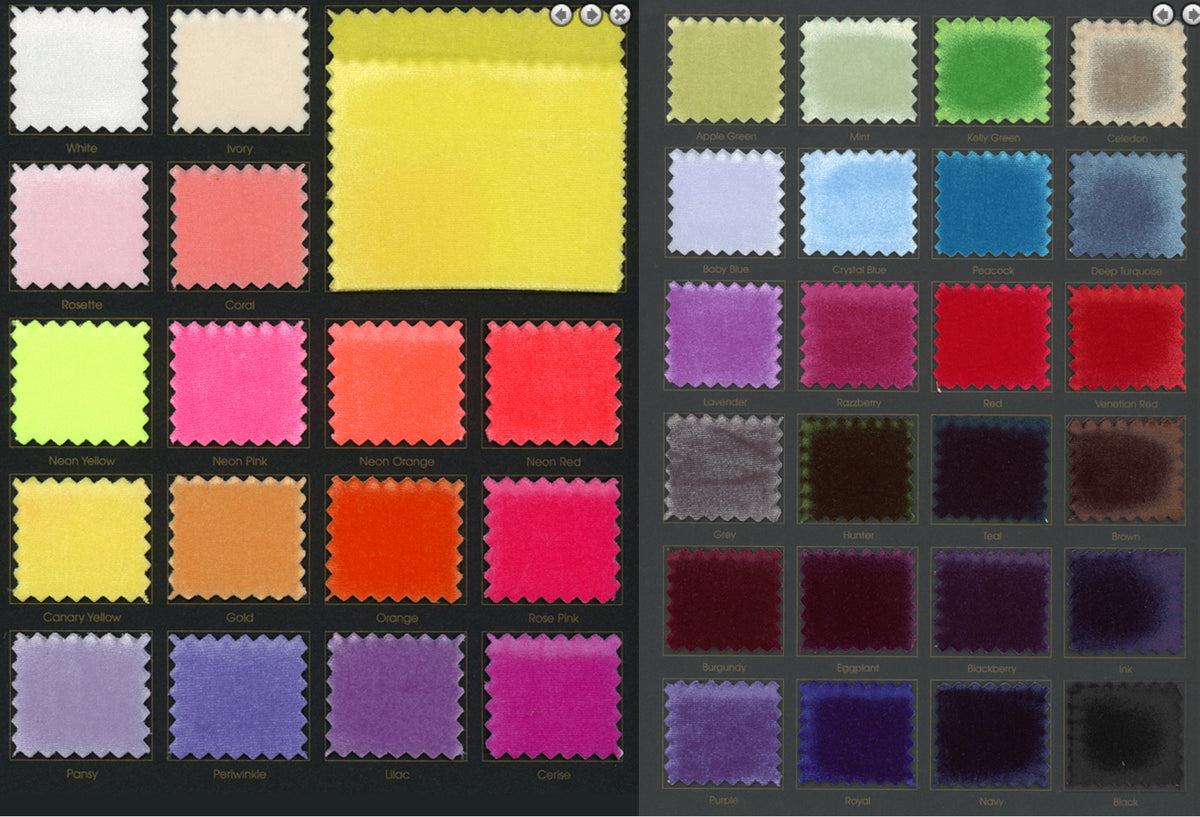 Custom wedding dress fabric swatches in vibrant colors for dyeing and design, including neon, pastel, and bold hues.