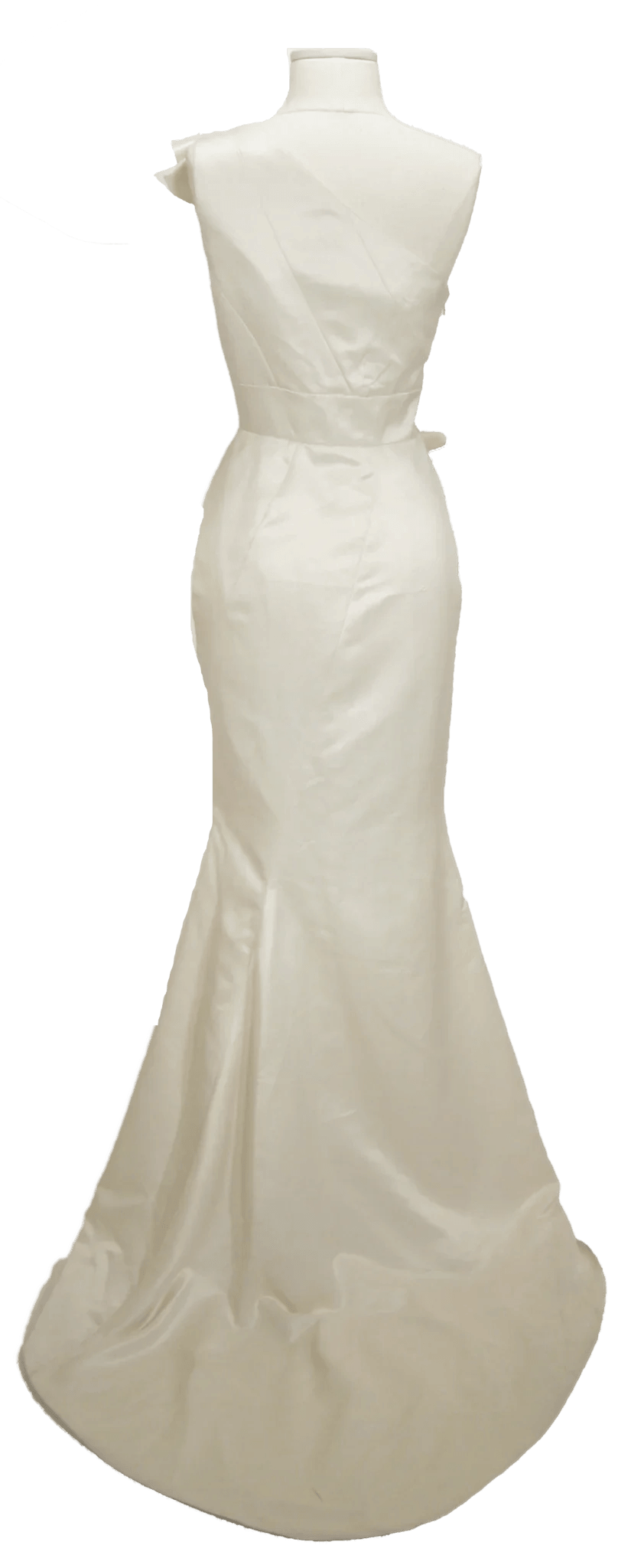 Elegant off-white mermaid wedding dress with ruffled shoulder detail and fitted silhouette