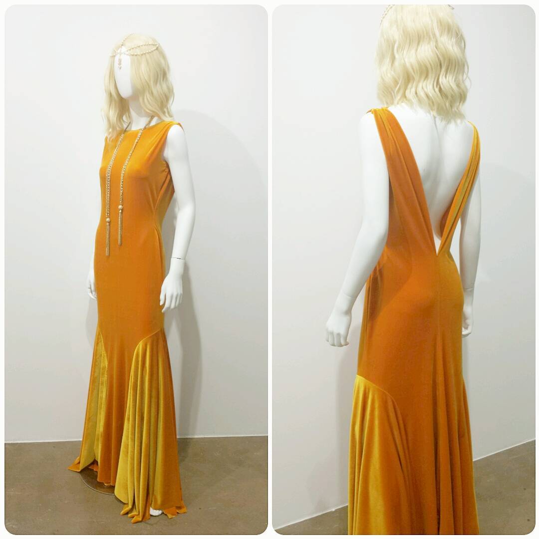 Sleeveless ombre velvet wedding dress with deep V-back, shown front and back on mannequin